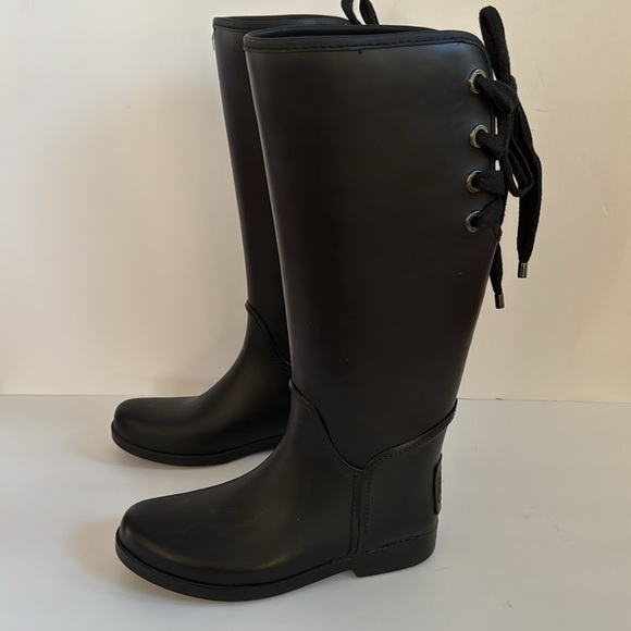 Coach Tristee Tall Black Rubber Matte Lace Up Slip on Rain Boots Size 8 - Picture 2 of 14